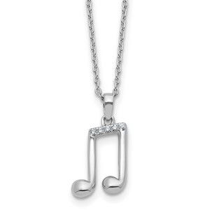 925 Sterling Silver RH-plated Diamond Music Note 18" Necklace plus 2" Extender